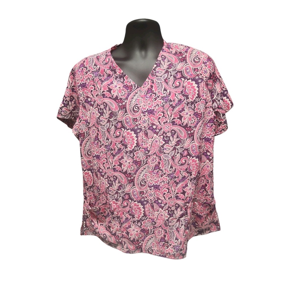 Butter Soft Womens Scrub Pink Short Sleeve‎ Size L Floral Print Pockets